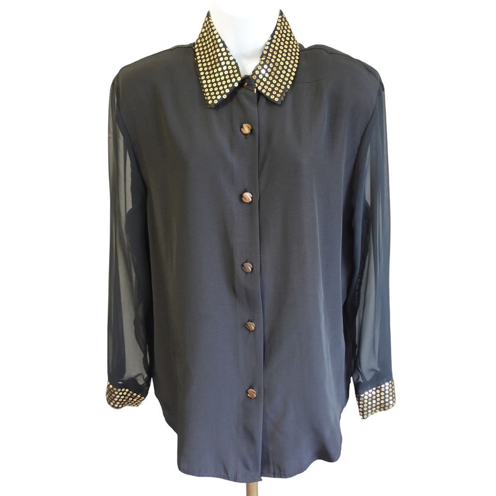 Vtg 90s Black Sheer Sequin Collar Button Up Blouse Top Glam Party Statement Sz L